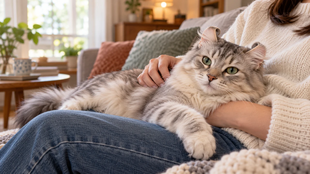 American Curl kedi — sahibinin kucağında
