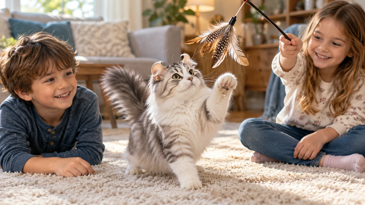 American Curl kedi — çocuklarla oyun