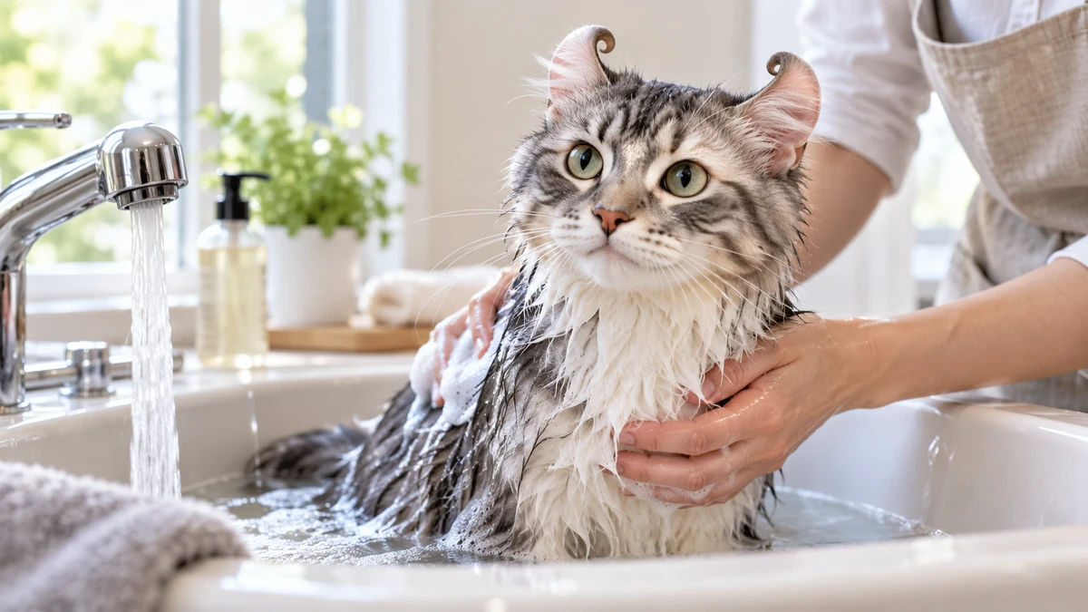 American Curl kedi — banyo ve temizlik