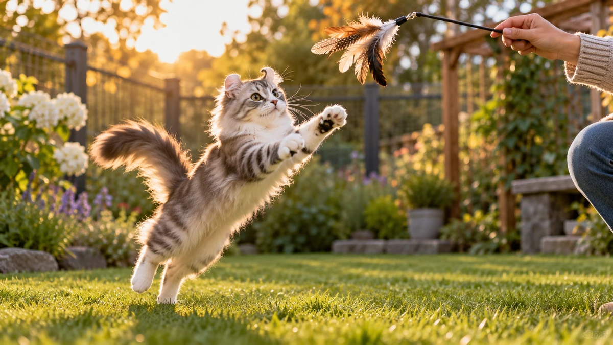 American Curl kedi — oyun ve egzersiz anı
